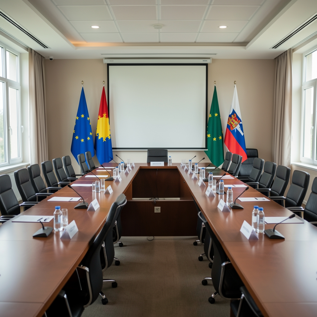 Конференцијска сала са заставама Европске уније и Србије, преговори о климатском законодавству